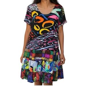 Jams World Hattie Dress XS Illusion W329 Tiered Drop Waist Colorful Abstract 90s
